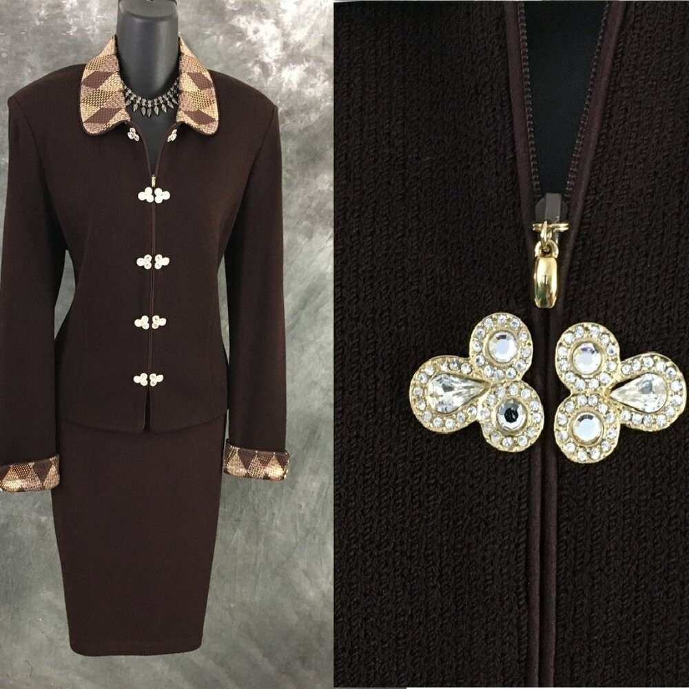 BEAUTIFUL st john evening knit brown multi rhinestones embellished skirt suit 10